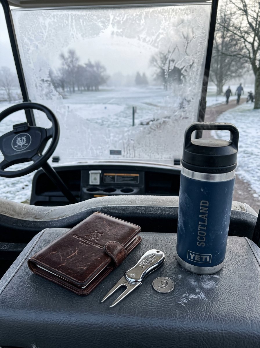 Close up of a Yeti tumbler, brown leather scorecard holder, and metal divot tool resting on a cold, icy golf cart tray.