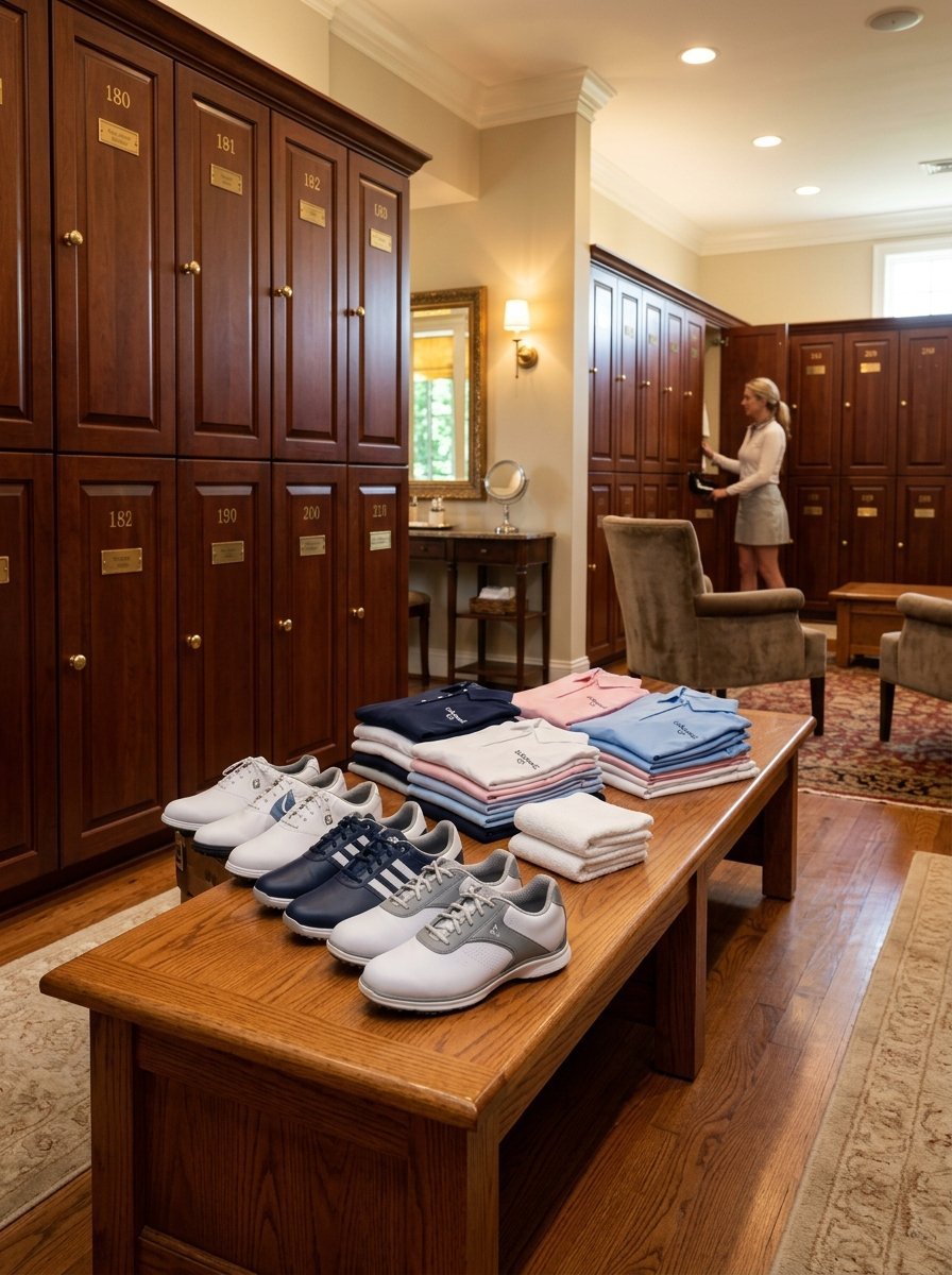 Stacks of folded polo shirts and pairs of golf shoes sitting on a wooden bench inside a luxurious locker room.