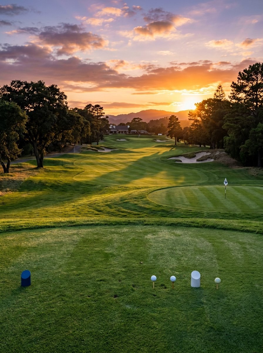 Golf tee box overlooking a lush green fairway with trees and sand traps under a glowing golden sky.