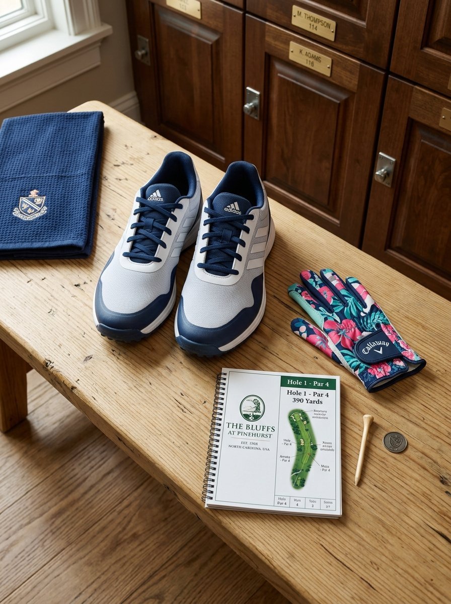 Golf shoes, a floral patterned glove, and a hole guide book resting on a wooden bench in a locker room.