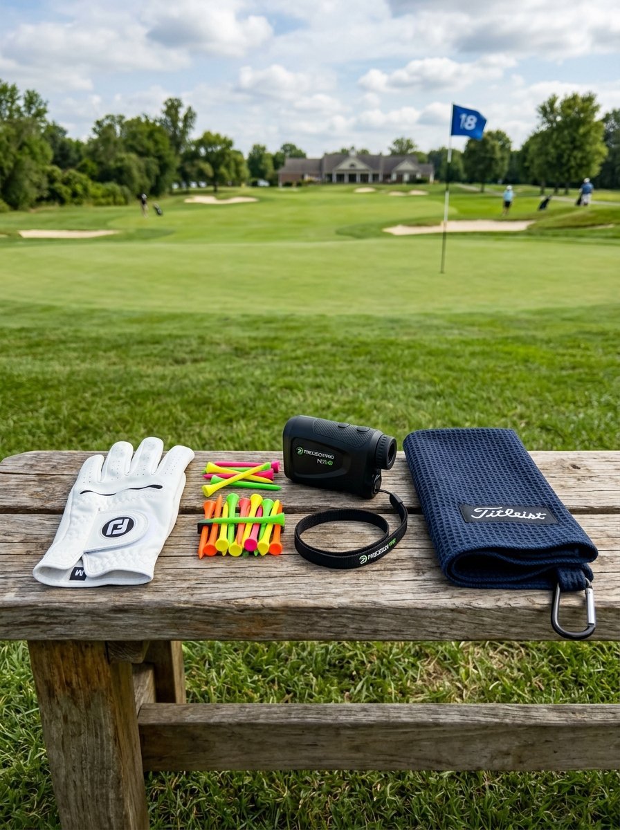 A white golf glove, neon tees, rangefinder, and blue towel on a wooden bench overlooking a green fairway.