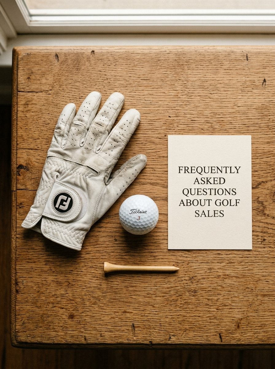 A FootJoy golf glove, Titleist golf ball, and wooden tee placed next to an FAQ sign on a rustic wooden table.