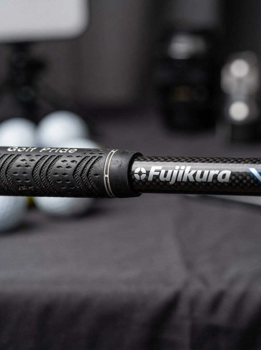 Close-up of a textured Golf Pride rubber grip meeting a checkered carbon fiber Fujikura golf club shaft.
