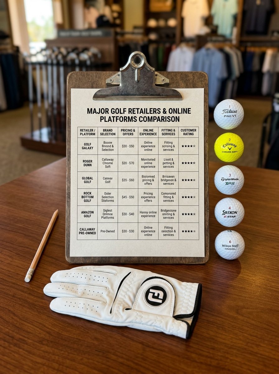 A clipboard showing a golf retailer comparison chart next to a golf glove and a vertical stack of five golf balls.