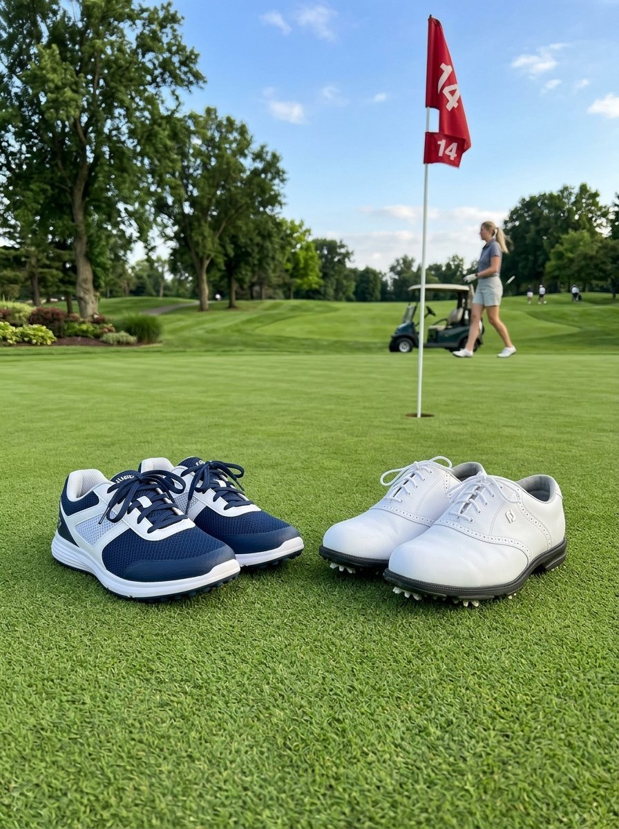 Blue athletic golf shoes and classic white leather cleats sitting on manicured turf near a red flag.