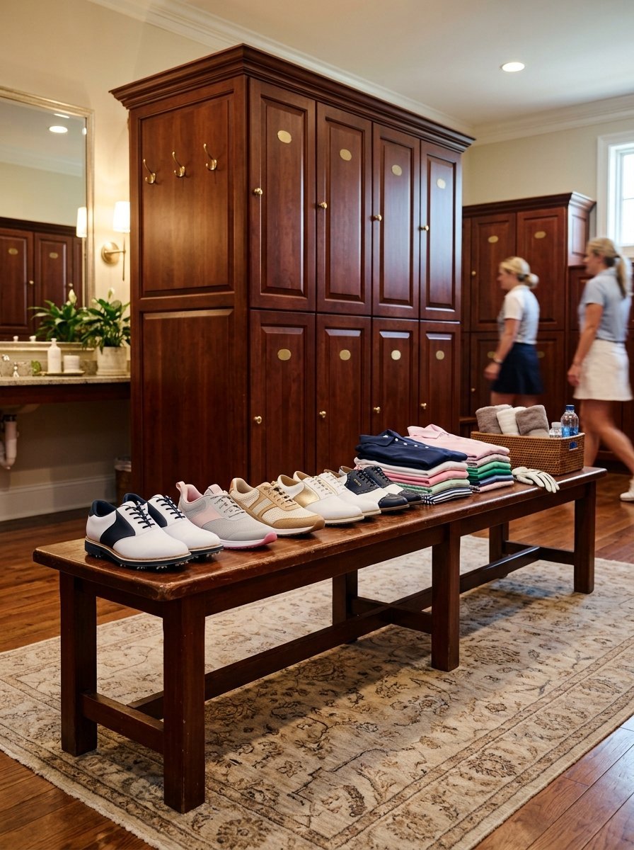 A selection of golf shoes and stacked shirts on a wooden bench inside a country club locker room.