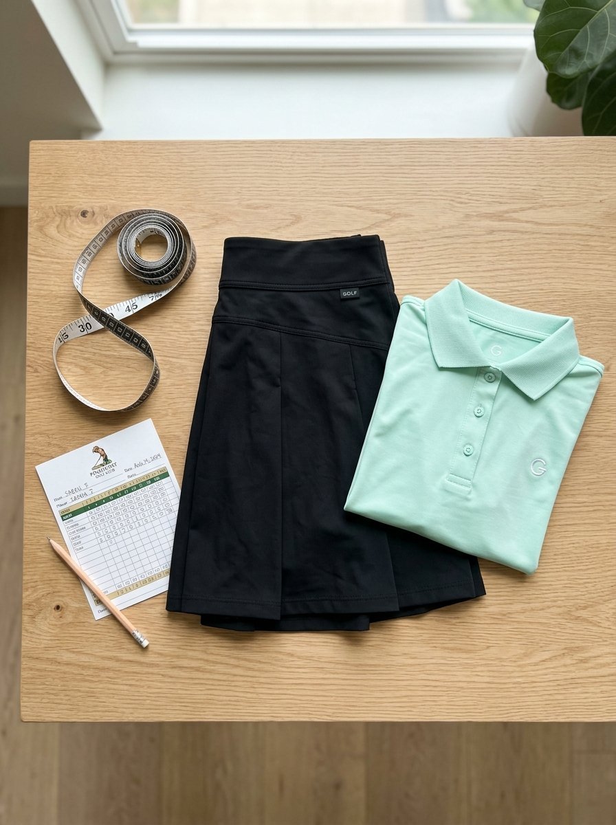 A black pleated athletic skirt and light green collared shirt beside a measuring tape and pencil on a wooden surface.
