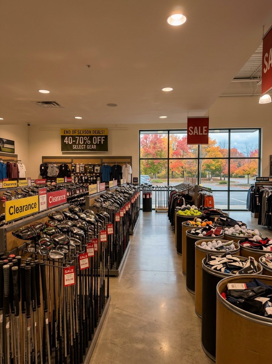 Retail aisles filled with golf clubs and bins of accessories under large sale banners with colorful fall trees outside.