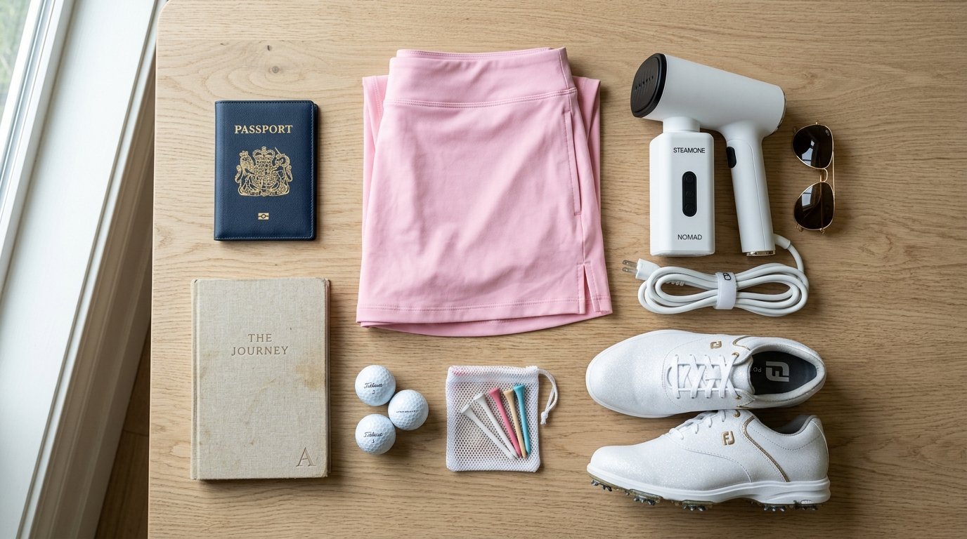 Top-down view of golf shoes, skirt, balls, tees, passport, steamer, and book on a wooden surface.