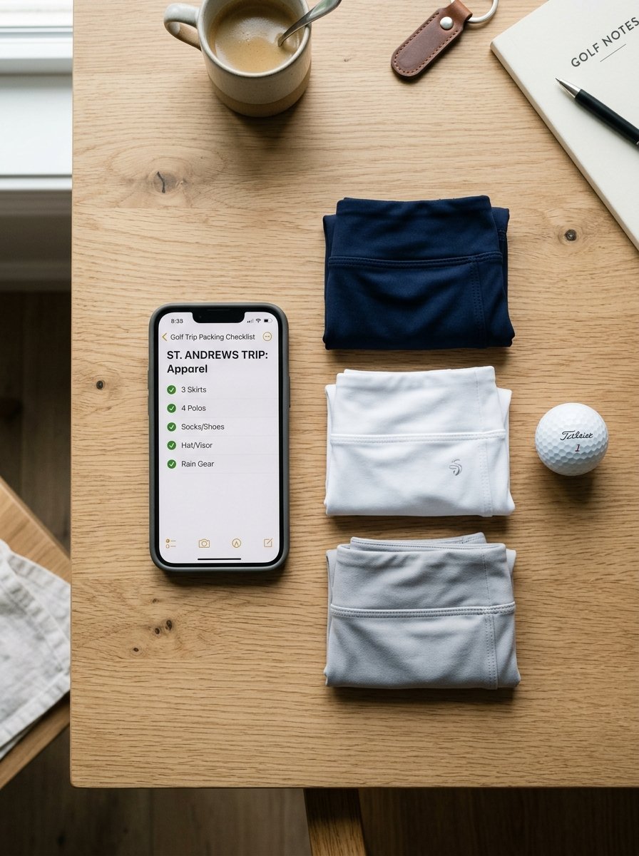 A smartphone showing a golf packing checklist next to three folded athletic skirts and a Titleist golf ball.