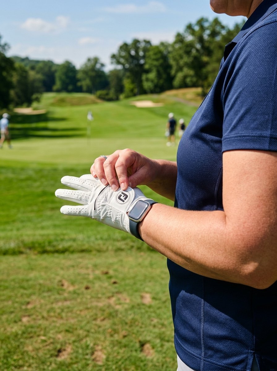 Close up of a female golfer wearing a white glove and smartwatch on a green fairway.