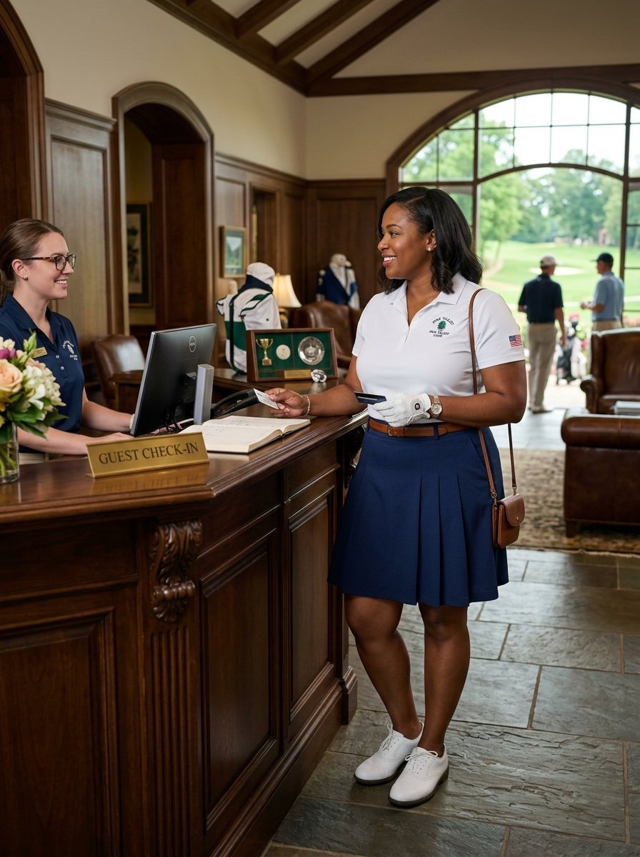 A Black woman in a white polo and navy skirt presents a credit card at the guest check-in counter of a golf club.