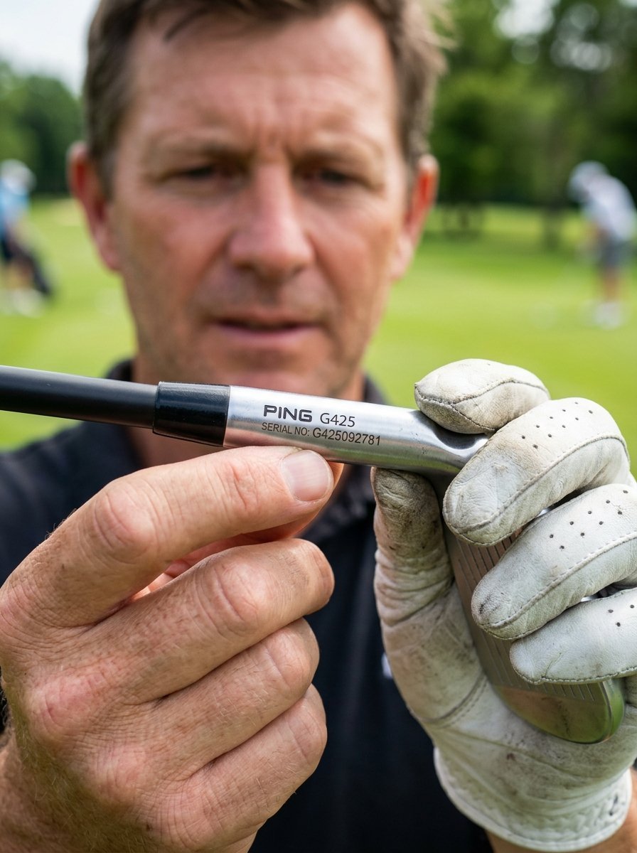 Close up of hands wearing a golf glove holding a Ping G425 iron showing the engraved serial number.