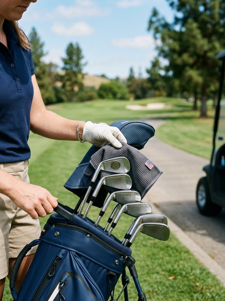 Golfer in a polo shirt cleaning her golf clubs with a small grey towel while on the course.