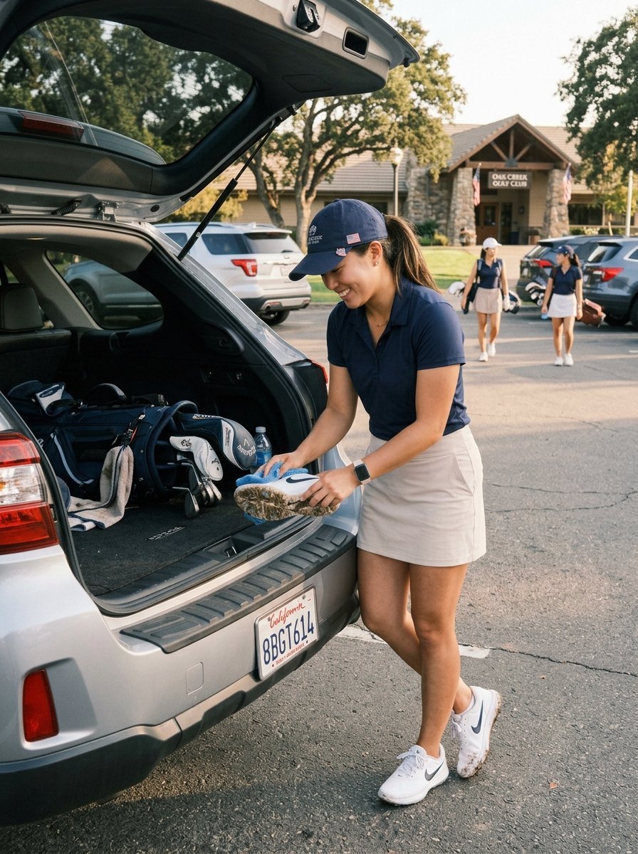 A female golfer in a navy polo cleans her sneakers with a blue cloth while standing by her open SUV trunk.