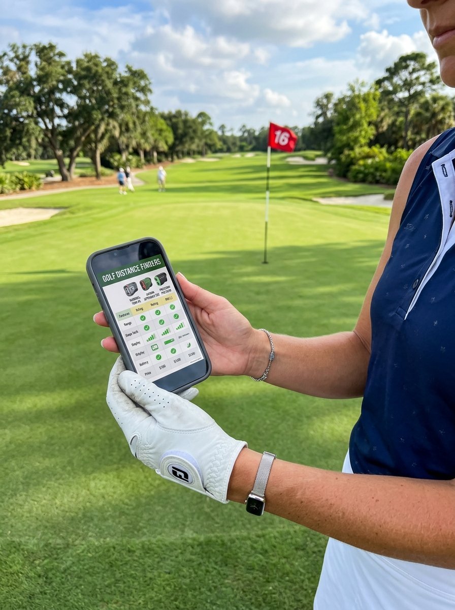 Golfer wearing a glove holds a phone displaying a comparison chart for different golf rangefinder devices.