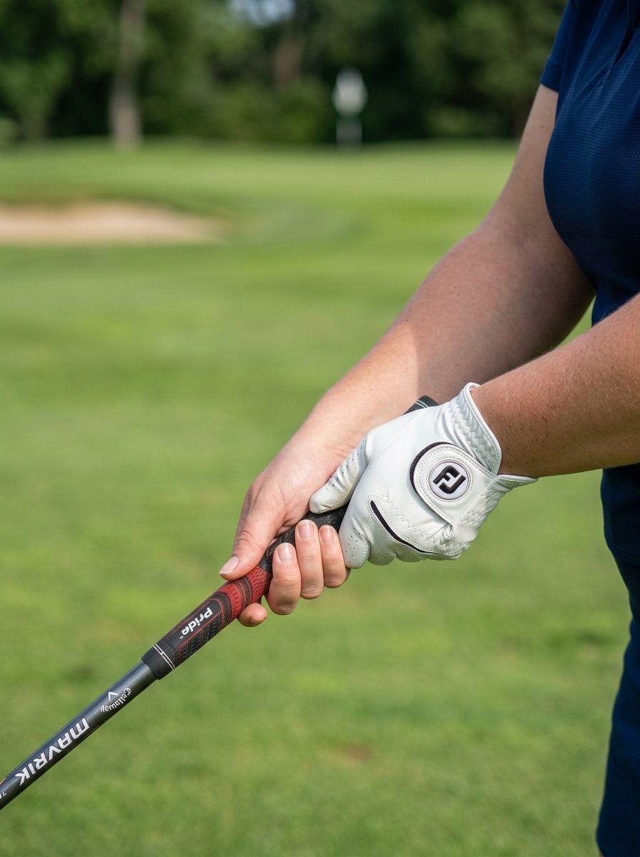 Golfer wearing a white FootJoy glove grips a golf club handle on the course.