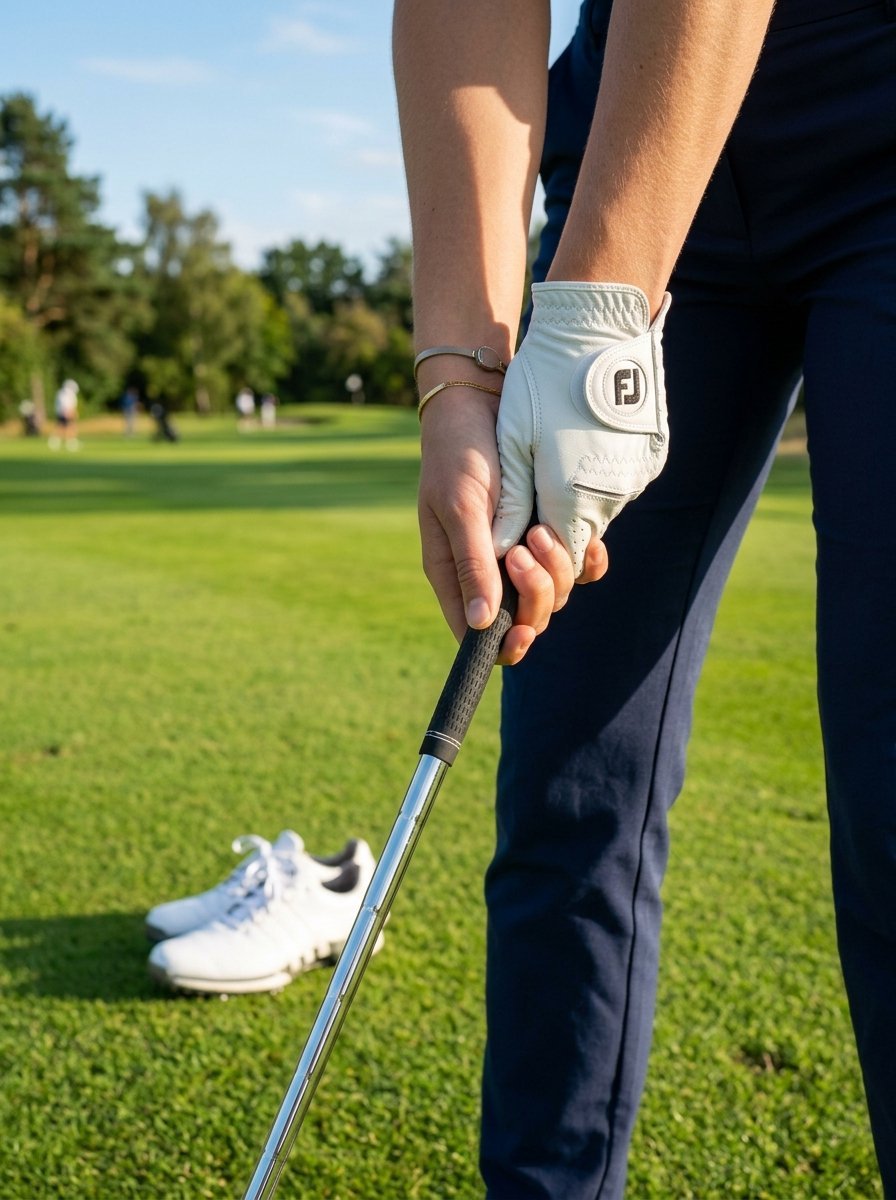 Close-up of golfer hands wearing a white glove while gripping a golf club with white shoes nearby on the grass.