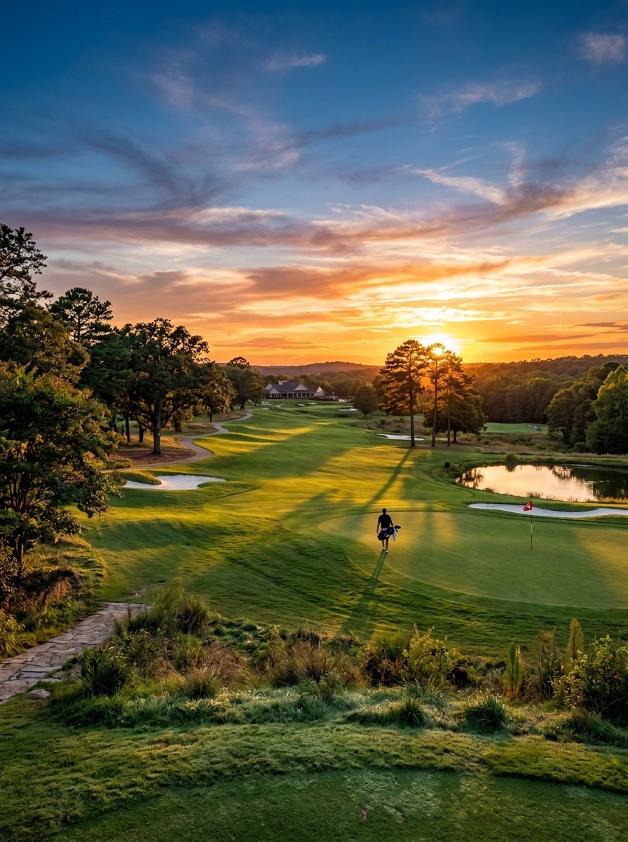 A golfer carrying a bag walks across a lush golf course green with a pond and sunset sky in the distance.