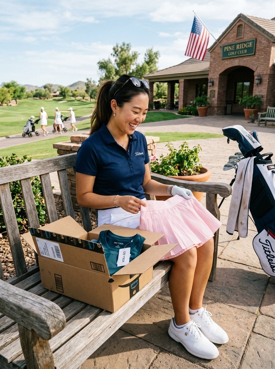 Young woman in a navy polo sitting on a wooden bench at a golf course, looking at a new pink pleated skirt.