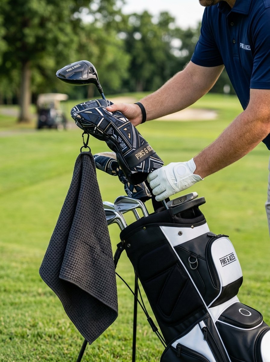 Man in a golf glove placing a club with a patterned headcover into a golf bag with a hanging black waffle towel.