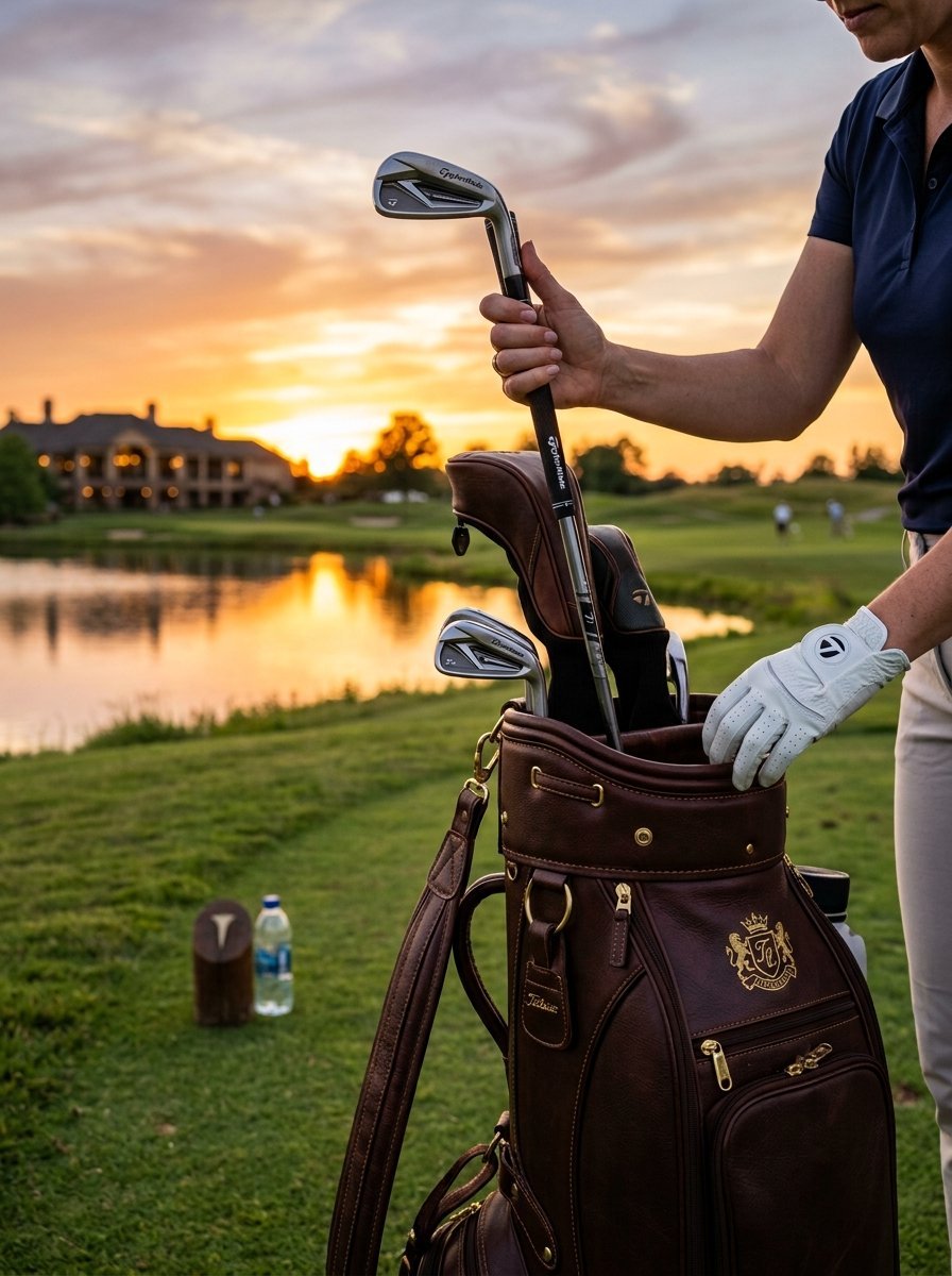 A golfer in a white glove chooses a club from a premium brown leather bag with a sunset reflecting on a water hazard.