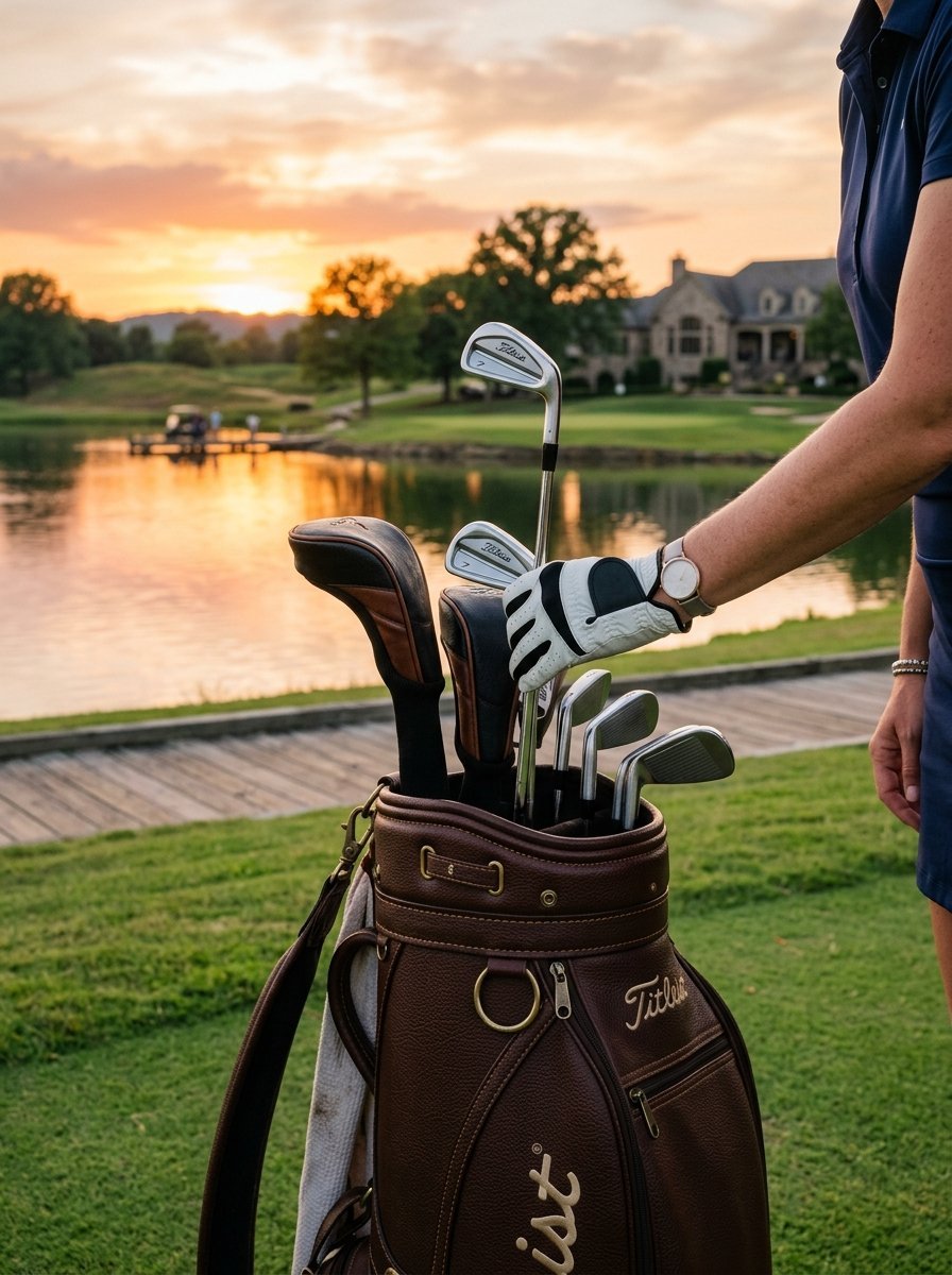 A golfer in a navy polo reaches into a leather Titleist golf bag beside a lake at golden hour.