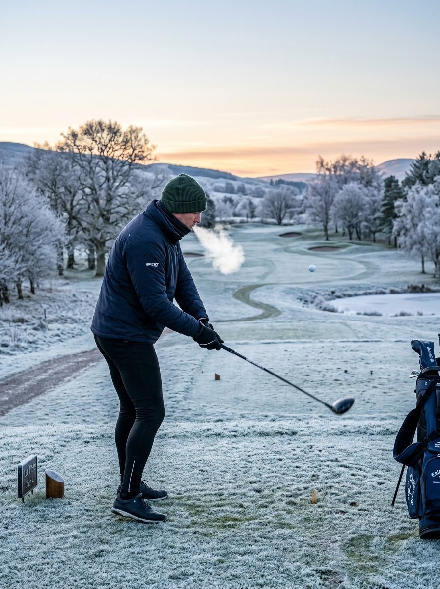 Golfer in a beanie exhaling visible breath while swinging a club on a frosted golf course at sunrise.
