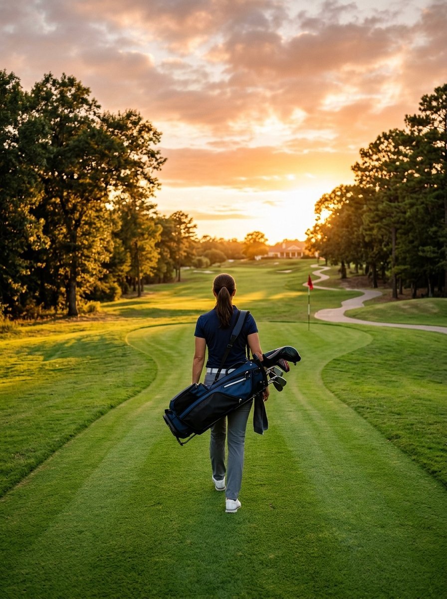 Woman carrying a golf bag while walking on a grassy course toward a distant flag under a golden hour sky.