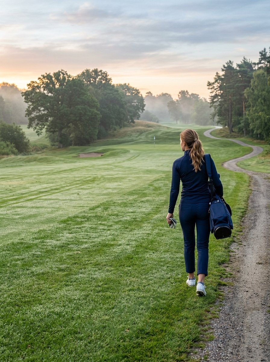 Female golfer carrying a blue bag on a foggy golf course path at sunrise.