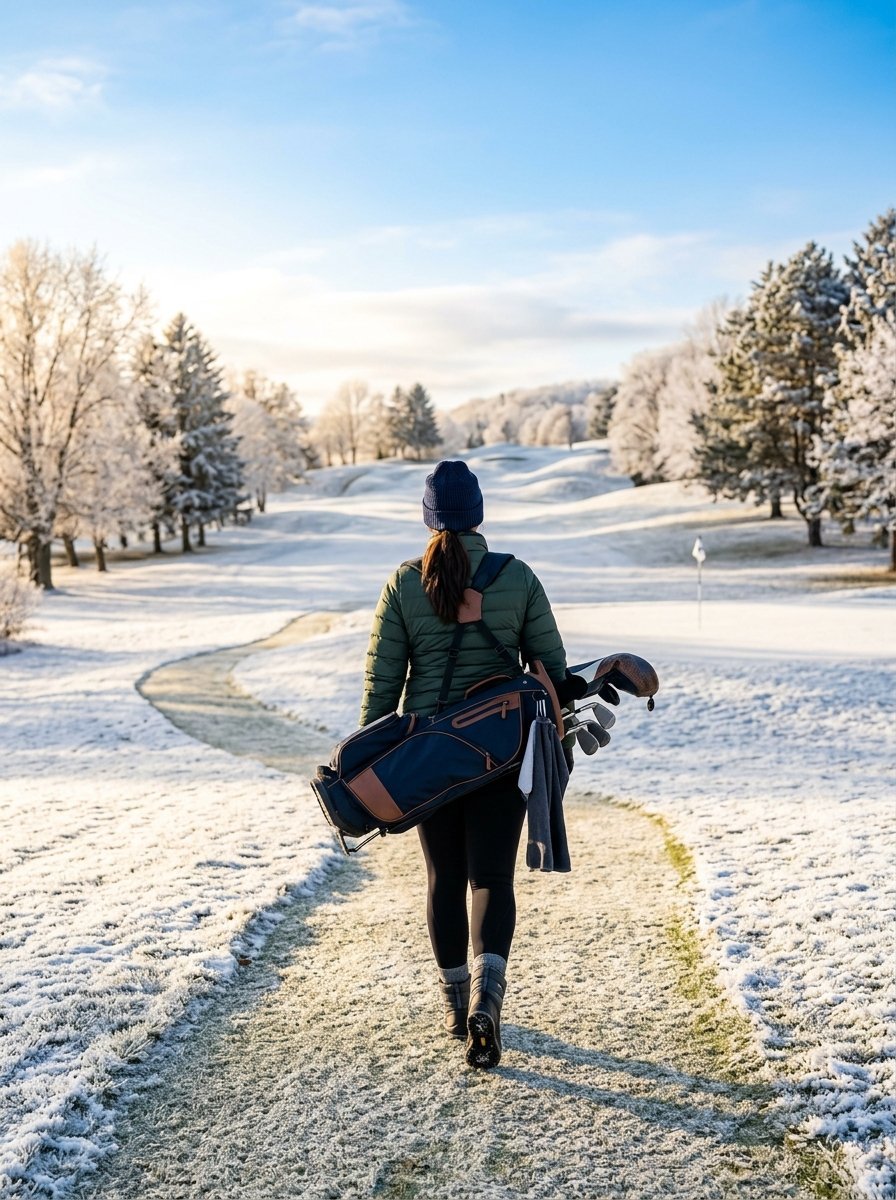 A person in a winter jacket and beanie walks along a snow-dusted golf course path.