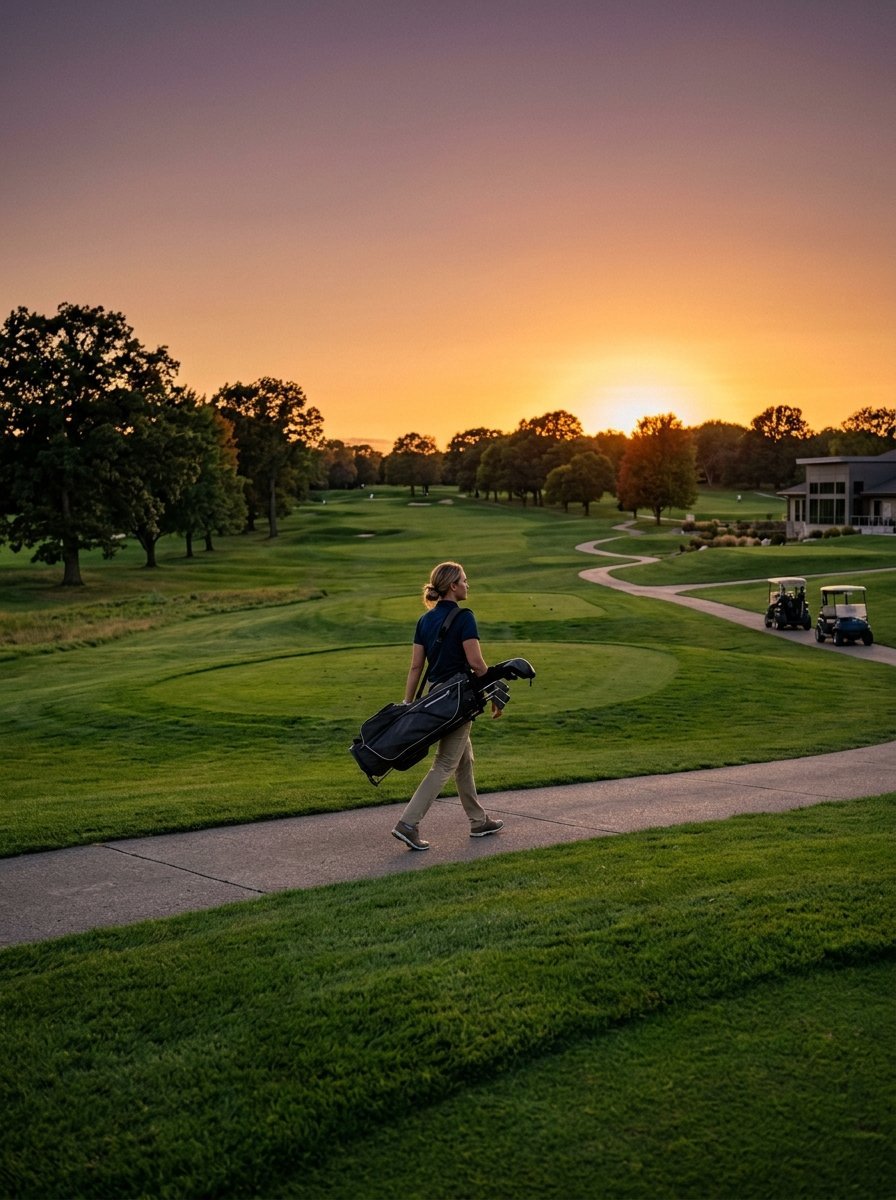 A female golfer walks along a paved path on a golf course during a golden hour sunset.