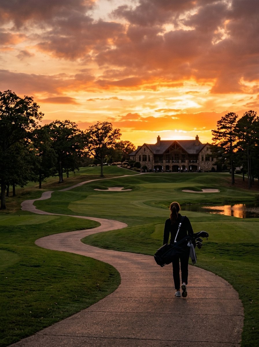 A person with a golf bag walks along a winding paved path toward a large clubhouse during a vibrant orange sunset.