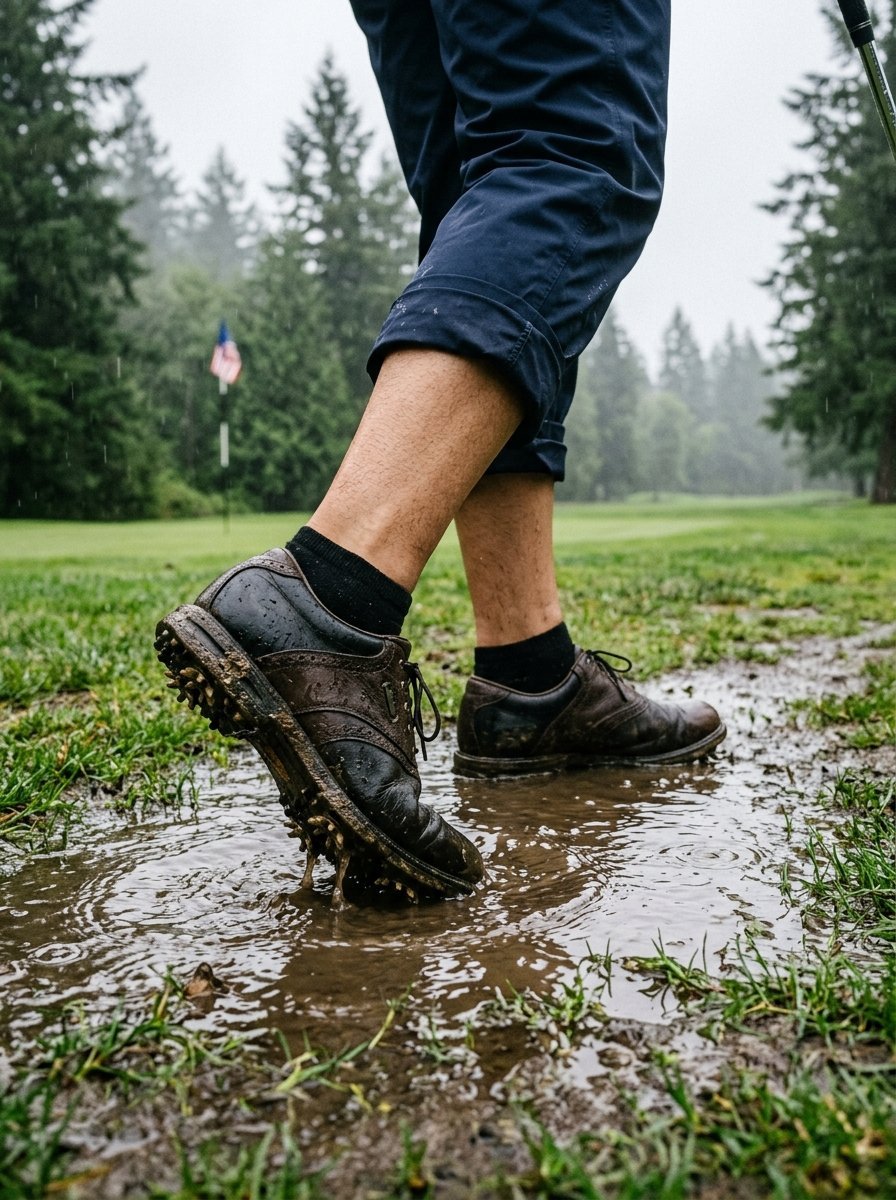 Close-up of a person wearing golf shoes stepping into a muddy water puddle on a rainy fairway.
