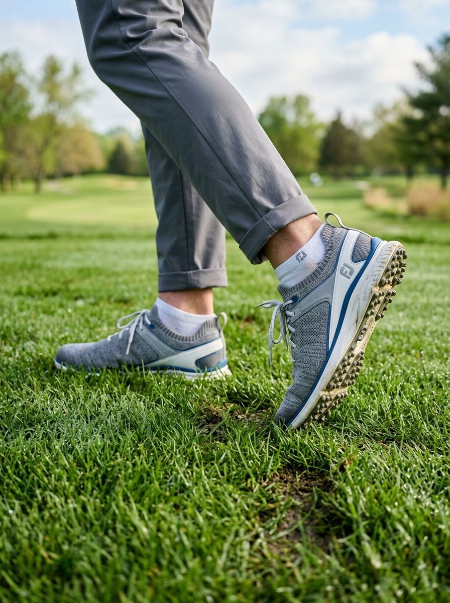 Close up of a golfer's legs and feet wearing grey knit golf shoes while walking on the grass course.