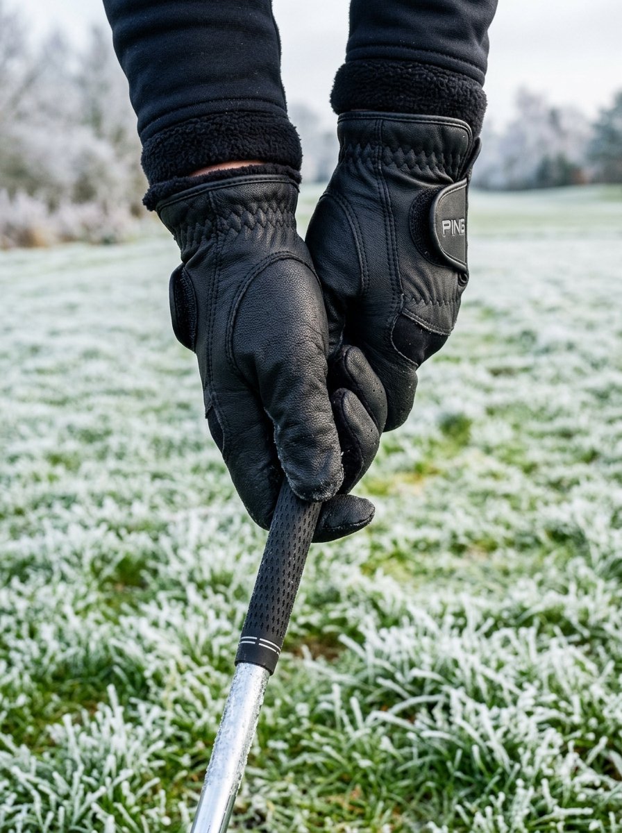 Close up of hands wearing black leather golf gloves while holding a club on a frosted morning.