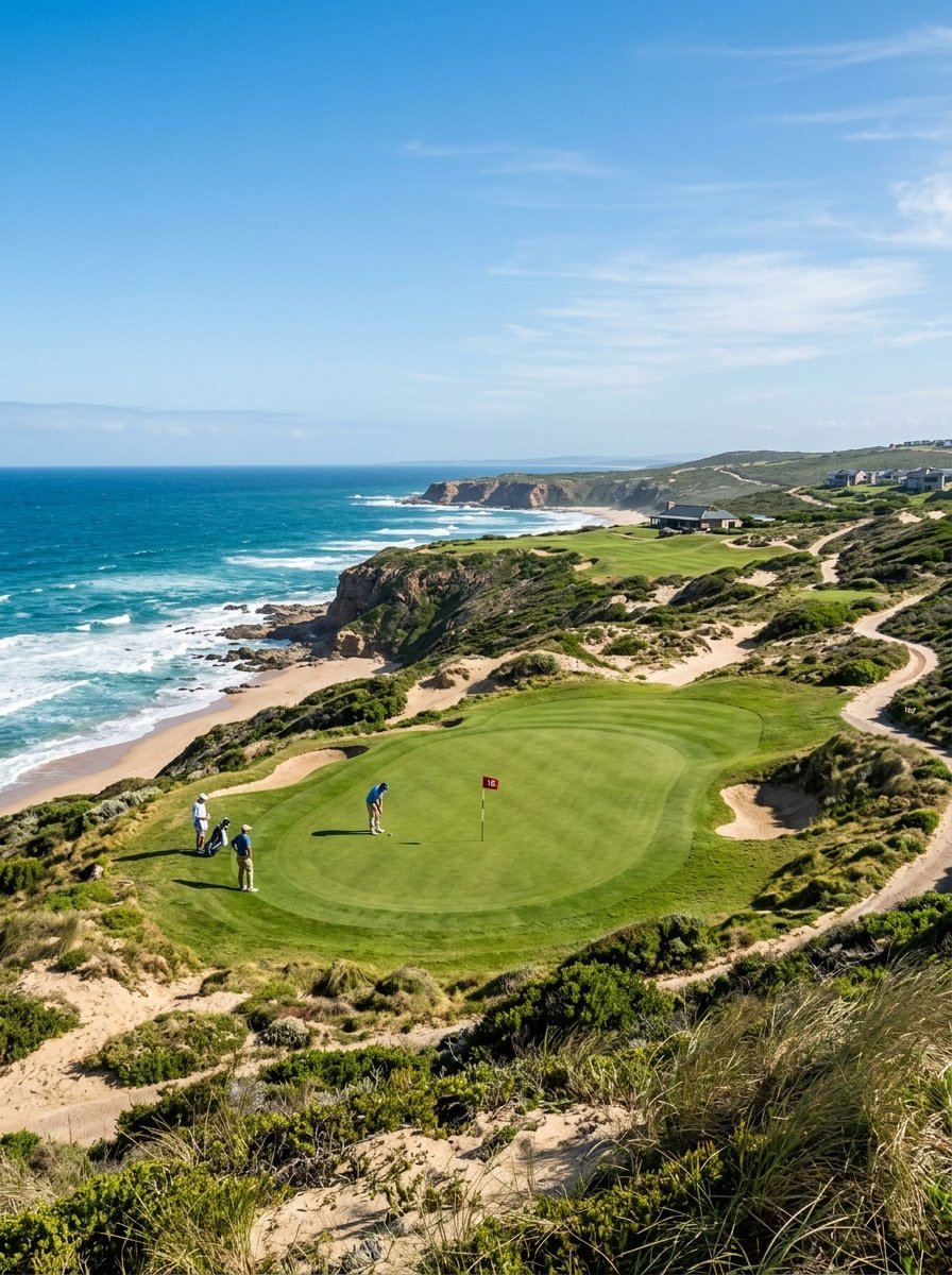 Three golfers standing on a putting green by a sandy beach and blue ocean under a clear sky.