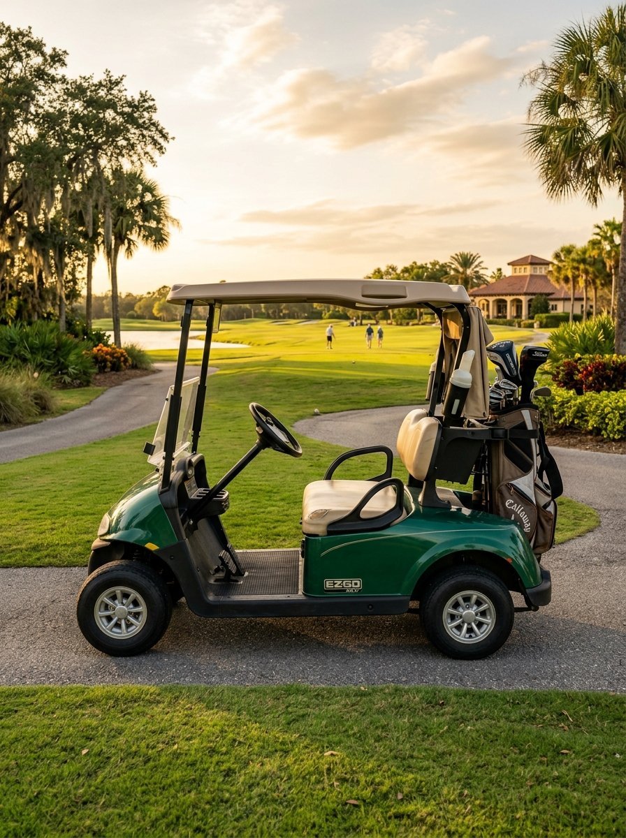 Side view of a green golf cart carrying a bag of clubs parked on a cart path at a sunny golf course.