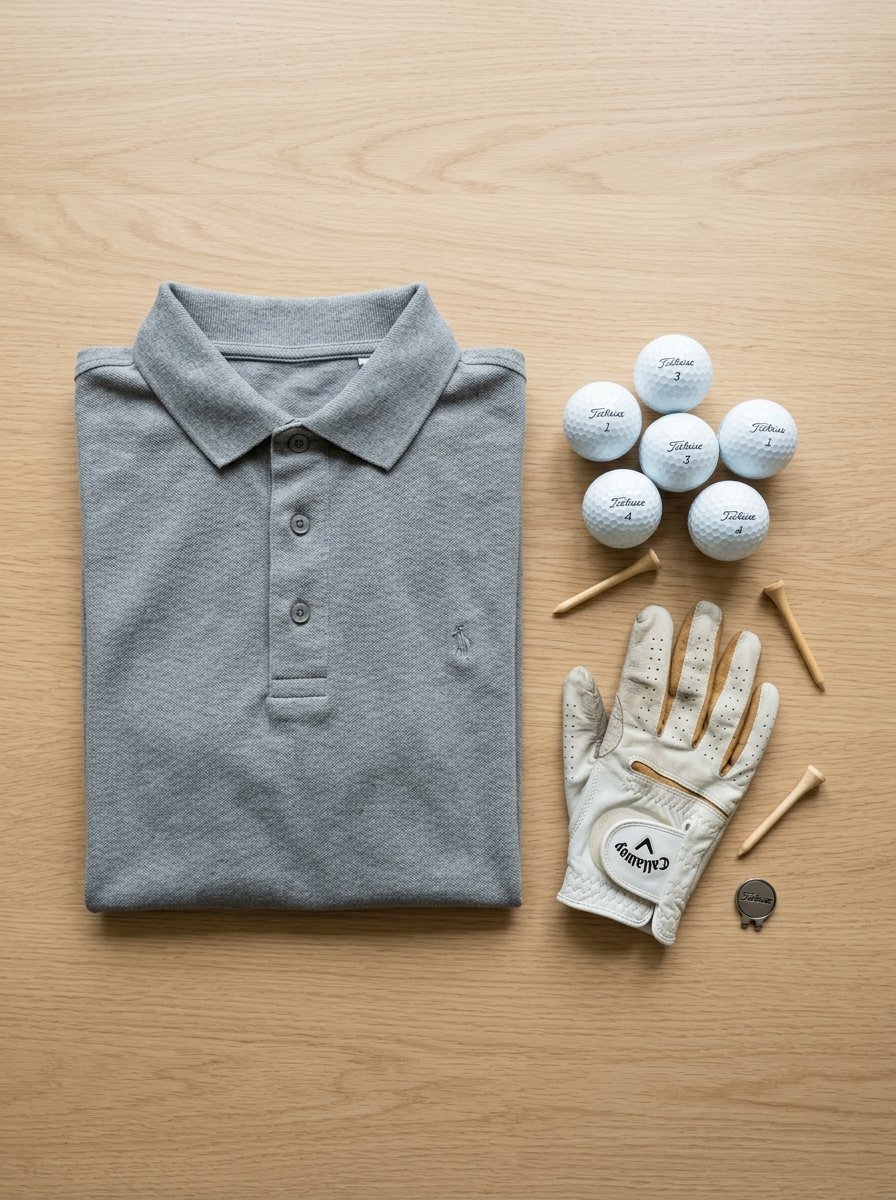 A grey polo shirt placed beside five golf balls, three wooden tees, a Callaway glove, and a Titleist ball marker.