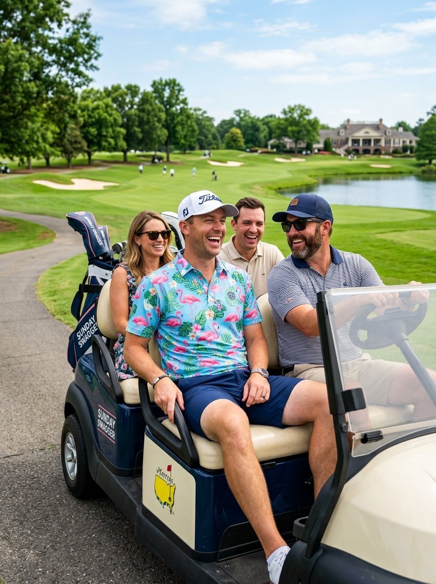 Four friends laughing together in a golf cart on a sunny green golf course.