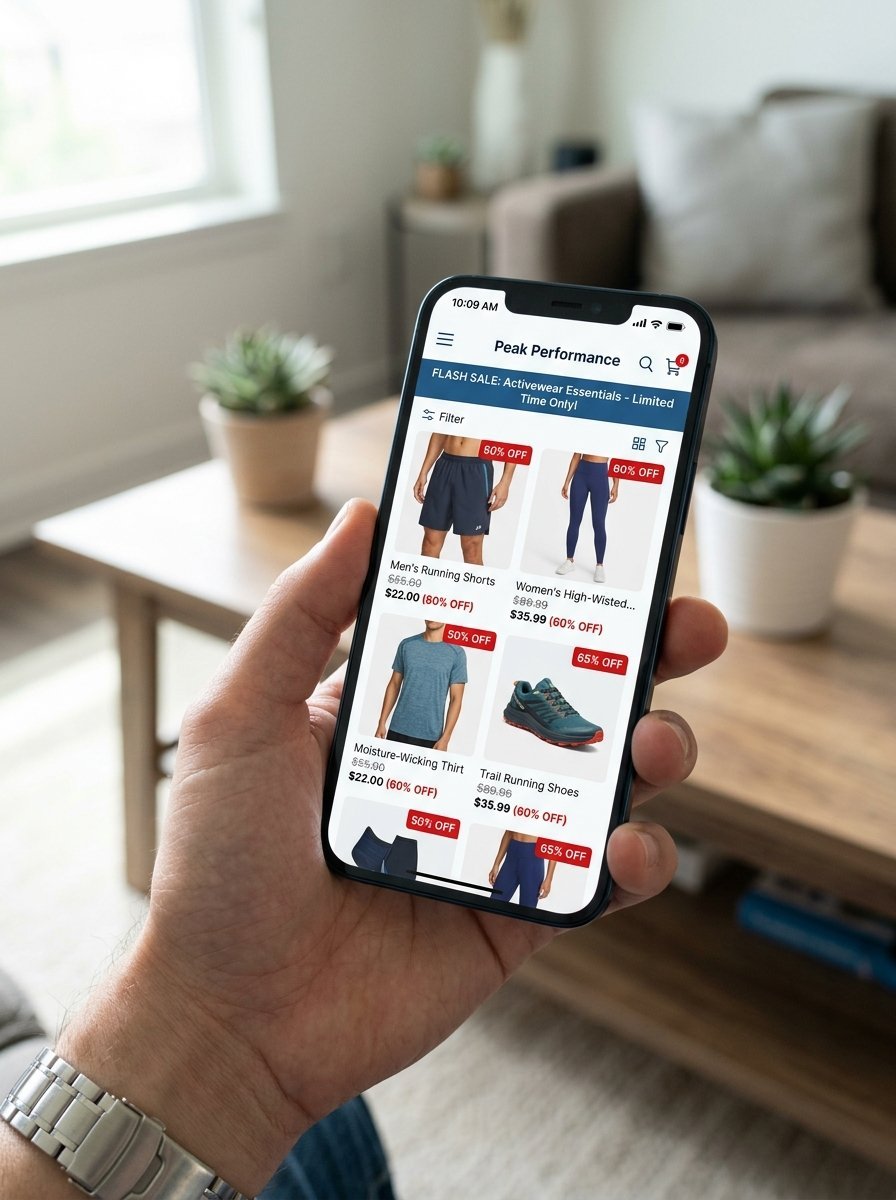 Close-up of a hand holding a phone displaying a shopping app with athletic clothing and shoe deals.