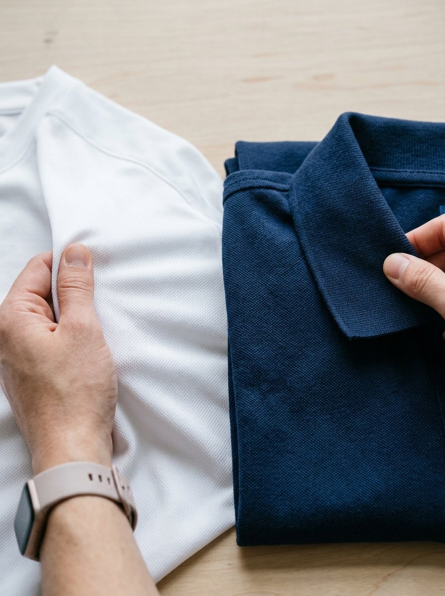 A close-up of hands touching the fabric of a white t-shirt and a dark blue collared polo shirt.
