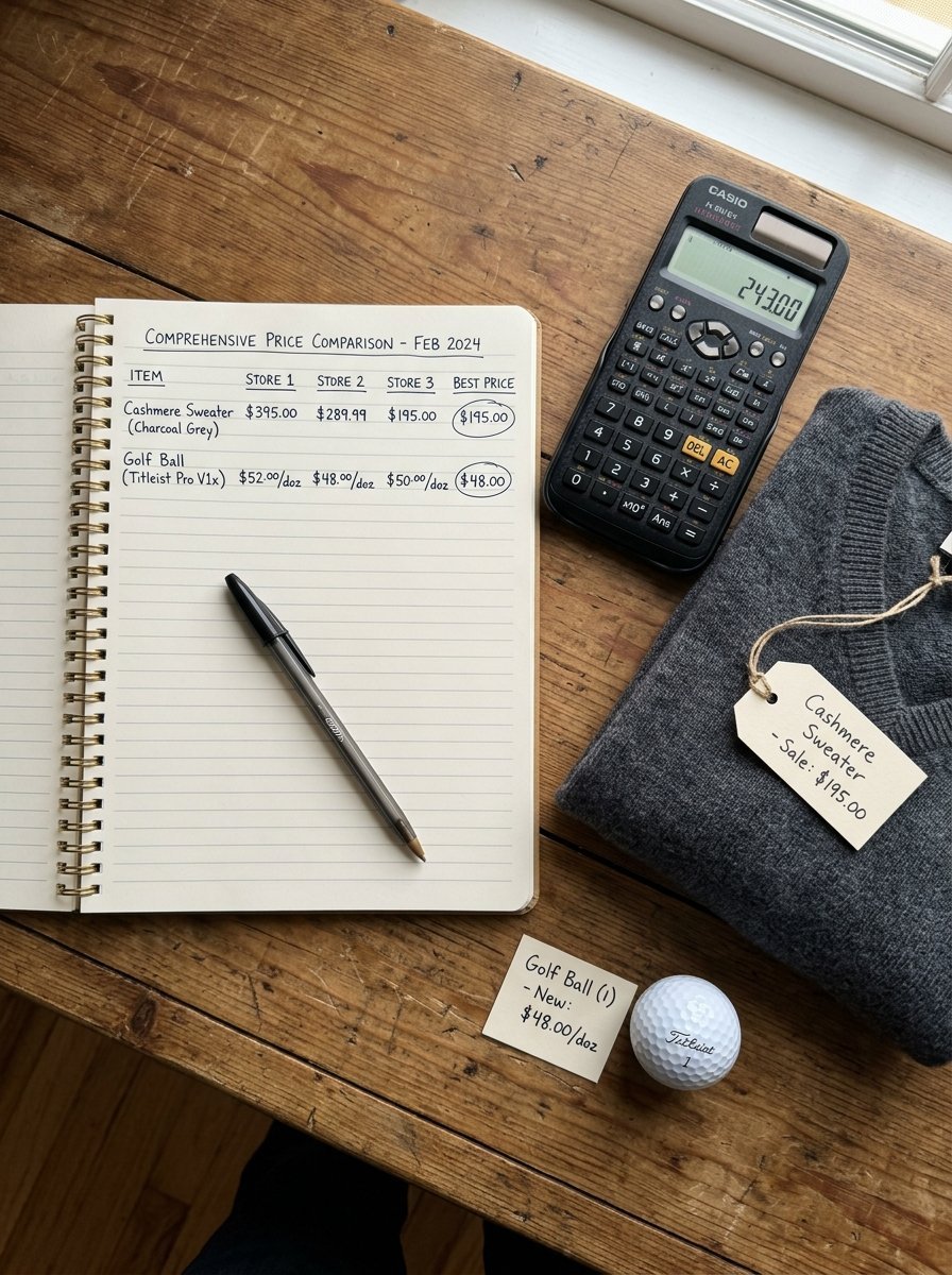 A notebook with a handwritten price comparison table, a calculator, a grey sweater, and a golf ball on a wooden table.