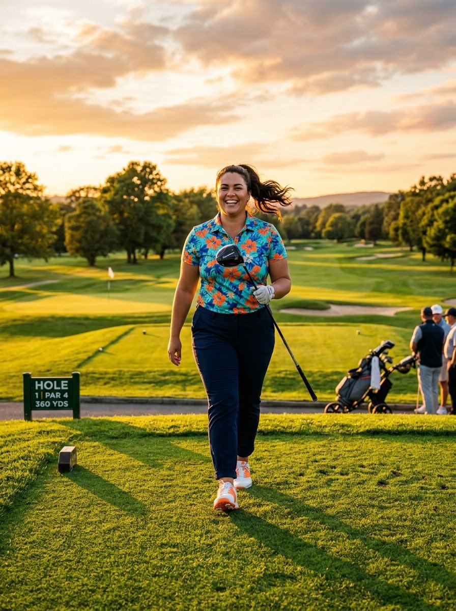 A cheerful female golfer carrying a driver walks across a grassy tee box on a sunny golf course.