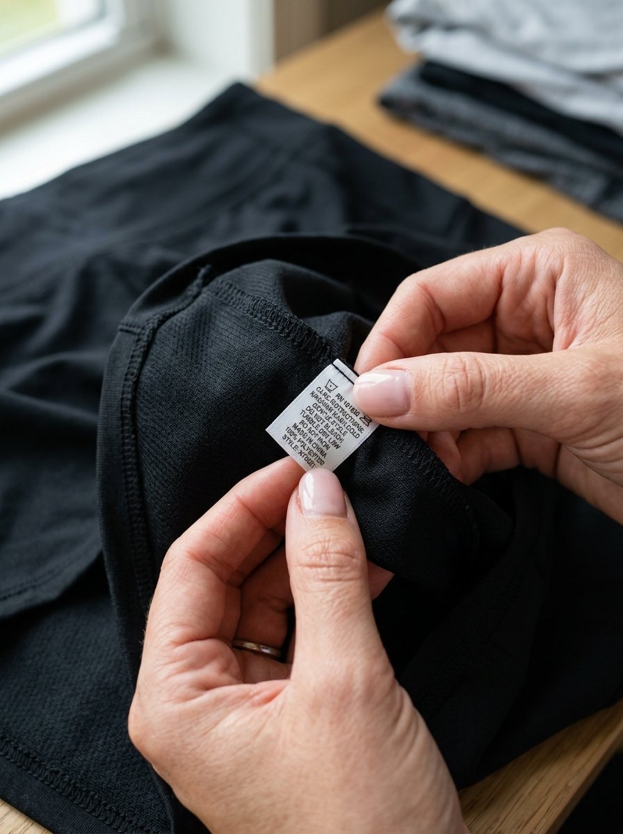 Close-up view of fingers holding a white garment care label sewn into a black shirt.