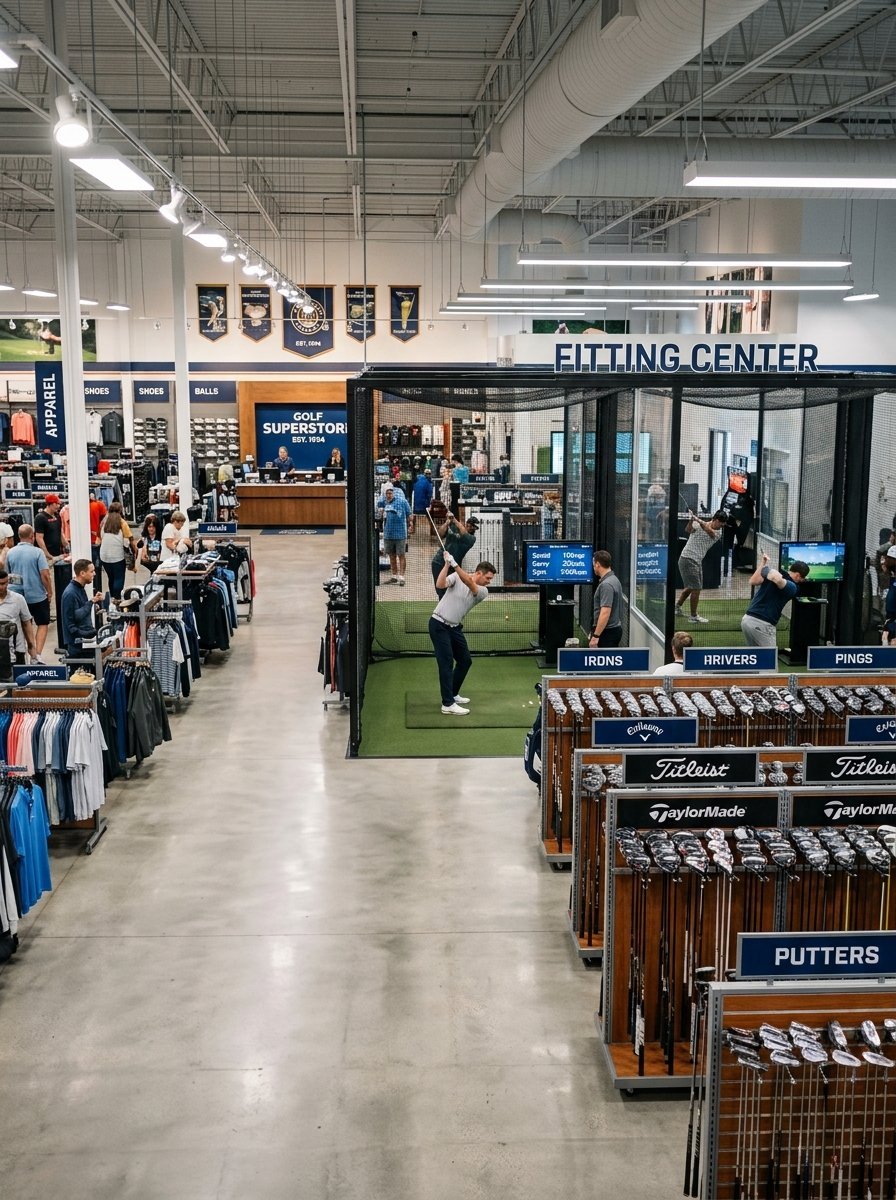 Customers practicing golf swings in netted hitting bays at a large golf retail warehouse.