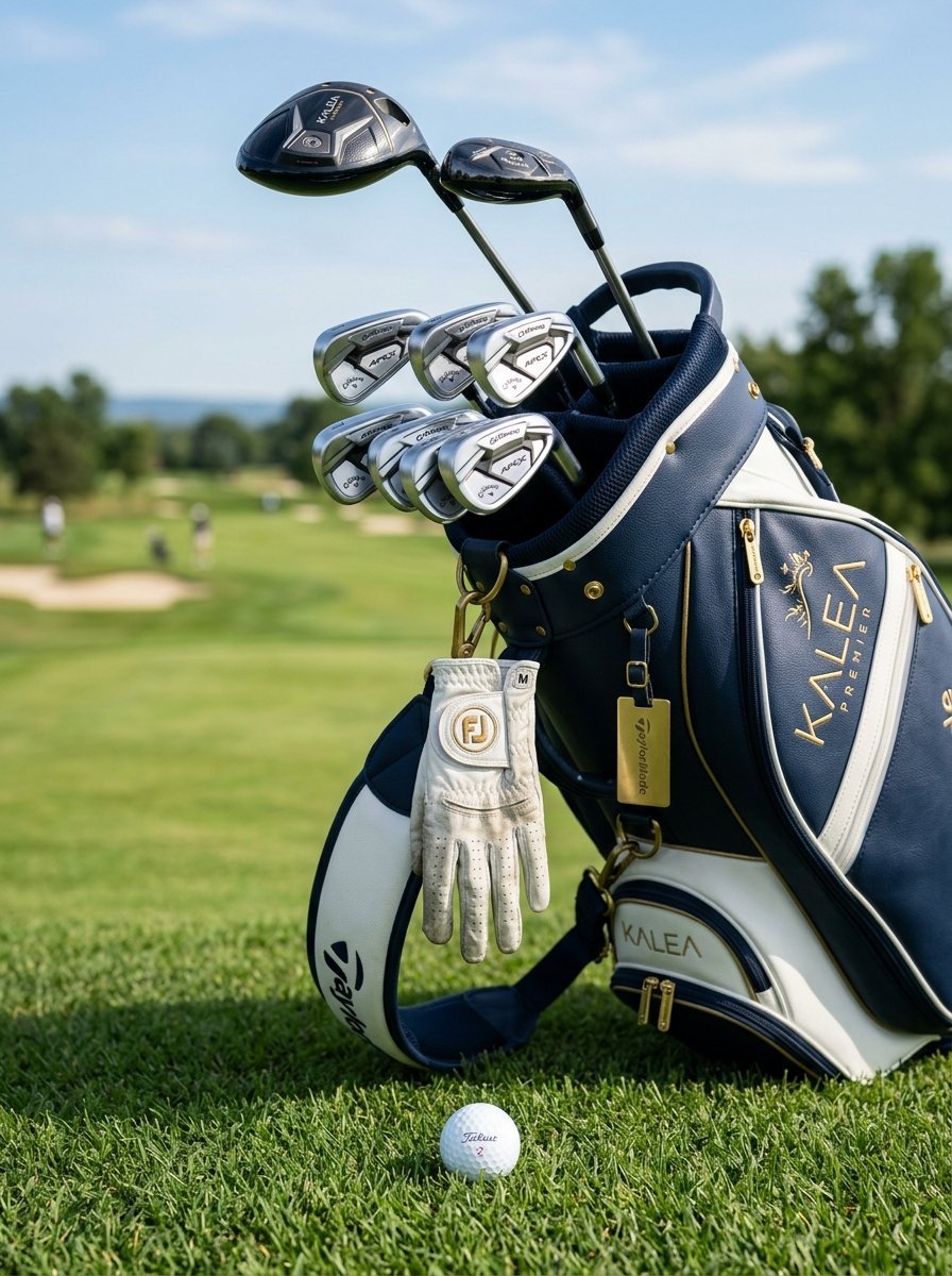 A navy and white golf bag with Callaway irons and a FootJoy glove resting on the fairway.