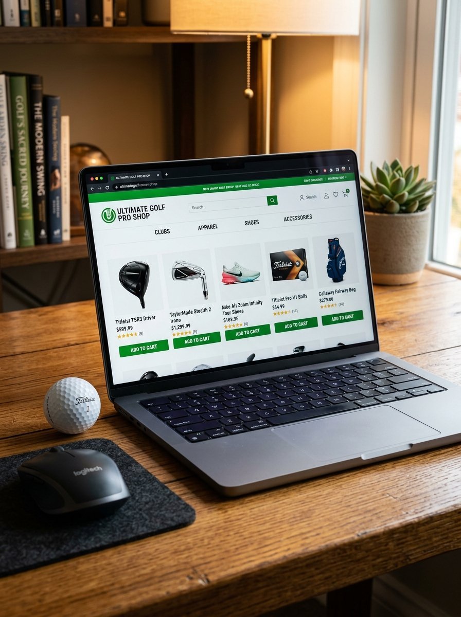A laptop open on a wooden desk showing an e-commerce website for golf clubs, shoes, and accessories.