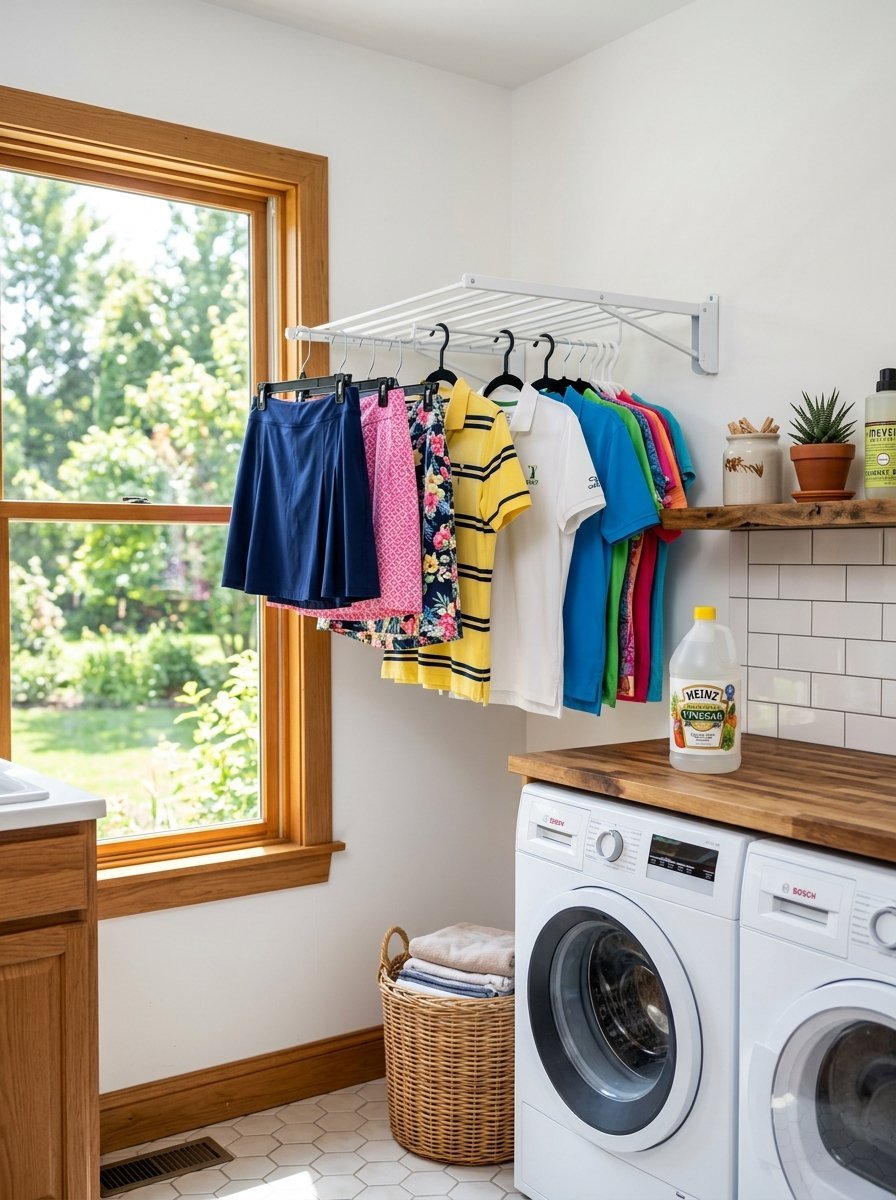 Bright garments hanging on a white rack above a washing machine in a sunlit laundry room.