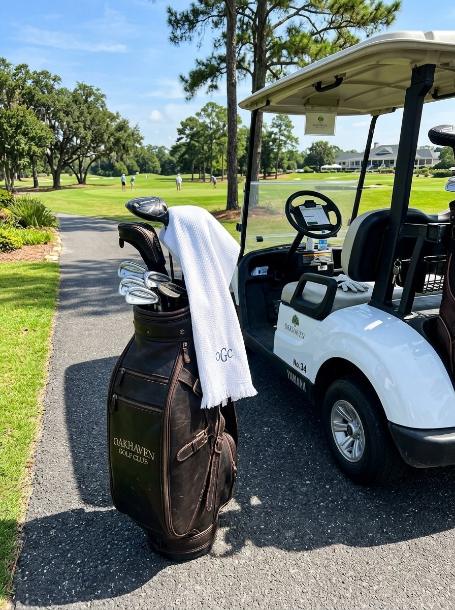 Brown Oakhaven golf bag with a white towel on a paved path next to a white Yamaha golf cart on a sunny day.